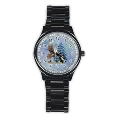 Merry Christmas, Funny Pegasus With Penguin Stainless Steel Round Watch by FantasyWorld7