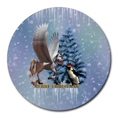 Merry Christmas, Funny Pegasus With Penguin Round Mousepads by FantasyWorld7