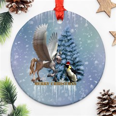 Merry Christmas, Funny Pegasus With Penguin Ornament (round) by FantasyWorld7