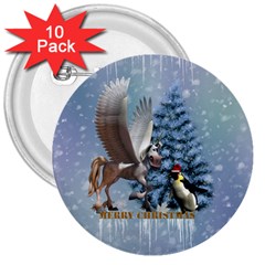 Merry Christmas, Funny Pegasus With Penguin 3  Buttons (10 Pack)  by FantasyWorld7