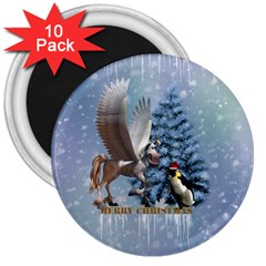 Merry Christmas, Funny Pegasus With Penguin 3  Magnets (10 Pack) 