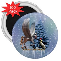 Merry Christmas, Funny Pegasus With Penguin 3  Magnets (100 Pack) by FantasyWorld7