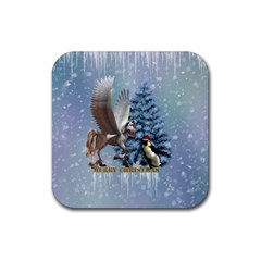 Merry Christmas, Funny Pegasus With Penguin Rubber Coaster (square)  by FantasyWorld7