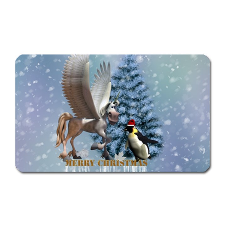 Merry Christmas, Funny Pegasus With Penguin Magnet (Rectangular)