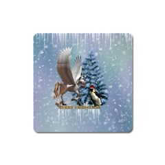 Merry Christmas, Funny Pegasus With Penguin Square Magnet by FantasyWorld7