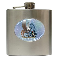 Merry Christmas, Funny Pegasus With Penguin Hip Flask (6 Oz) by FantasyWorld7