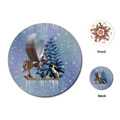 Merry Christmas, Funny Pegasus With Penguin Playing Cards Single Design (round) by FantasyWorld7