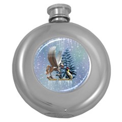 Merry Christmas, Funny Pegasus With Penguin Round Hip Flask (5 Oz) by FantasyWorld7