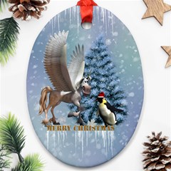 Merry Christmas, Funny Pegasus With Penguin Oval Ornament (two Sides) by FantasyWorld7