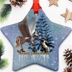 Merry Christmas, Funny Pegasus With Penguin Star Ornament (two Sides) by FantasyWorld7