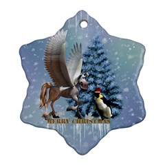 Merry Christmas, Funny Pegasus With Penguin Ornament (snowflake) by FantasyWorld7