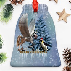 Merry Christmas, Funny Pegasus With Penguin Bell Ornament (two Sides) by FantasyWorld7