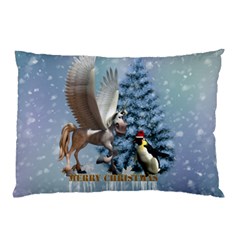 Merry Christmas, Funny Pegasus With Penguin Pillow Case (two Sides) by FantasyWorld7