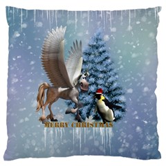 Merry Christmas, Funny Pegasus With Penguin Large Cushion Case (two Sides) by FantasyWorld7