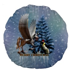 Merry Christmas, Funny Pegasus With Penguin Large 18  Premium Round Cushions by FantasyWorld7