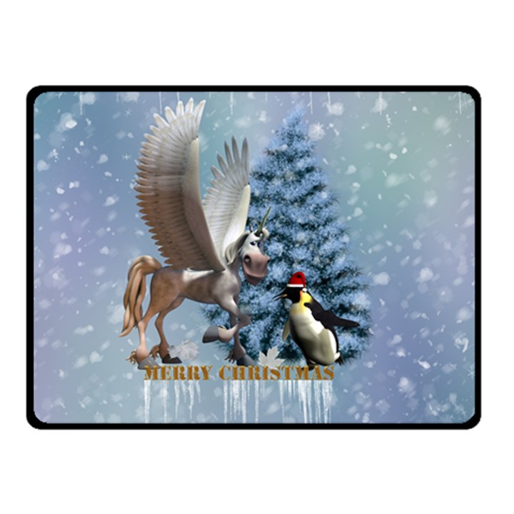 Merry Christmas, Funny Pegasus With Penguin Double Sided Fleece Blanket (Small) 