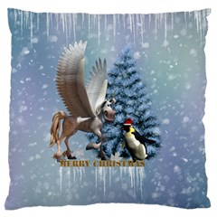 Merry Christmas, Funny Pegasus With Penguin Large Flano Cushion Case (one Side) by FantasyWorld7