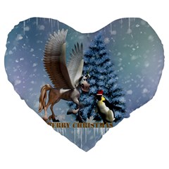 Merry Christmas, Funny Pegasus With Penguin Large 19  Premium Flano Heart Shape Cushions by FantasyWorld7