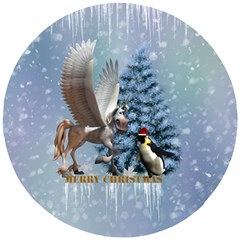 Merry Christmas, Funny Pegasus With Penguin Wooden Puzzle Round by FantasyWorld7