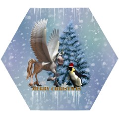 Merry Christmas, Funny Pegasus With Penguin Wooden Puzzle Hexagon by FantasyWorld7