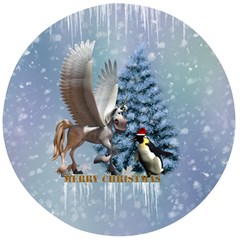 Merry Christmas, Funny Pegasus With Penguin Wooden Bottle Opener (round) by FantasyWorld7