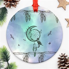 Dreamcatcher With Moon And Feathers Ornament (round) by FantasyWorld7