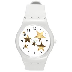 Stars Faux Gold Elegant Starry Festive Christmas Pattern Round Plastic Sport Watch (m) by yoursparklingshop