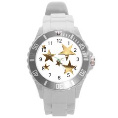 Stars Faux Gold Elegant Starry Festive Christmas Pattern Round Plastic Sport Watch (l) by yoursparklingshop