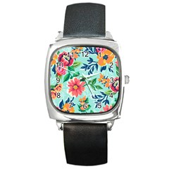 Multi Colour Floral Print Square Metal Watch by designsbymallika