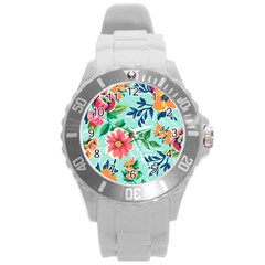 Multi Colour Floral Print Round Plastic Sport Watch (l) by designsbymallika