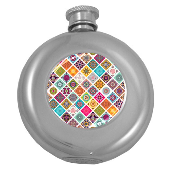 ethnic mandala pattern Round Hip Flask (5 oz)