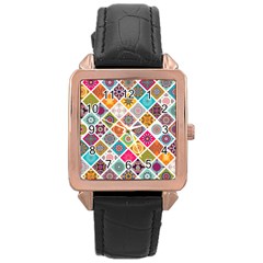 Ethnic Mandala Pattern Rose Gold Leather Watch  by designsbymallika