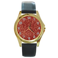 Burgundy Red Confetti Pattern Abstract Art Round Gold Metal Watch