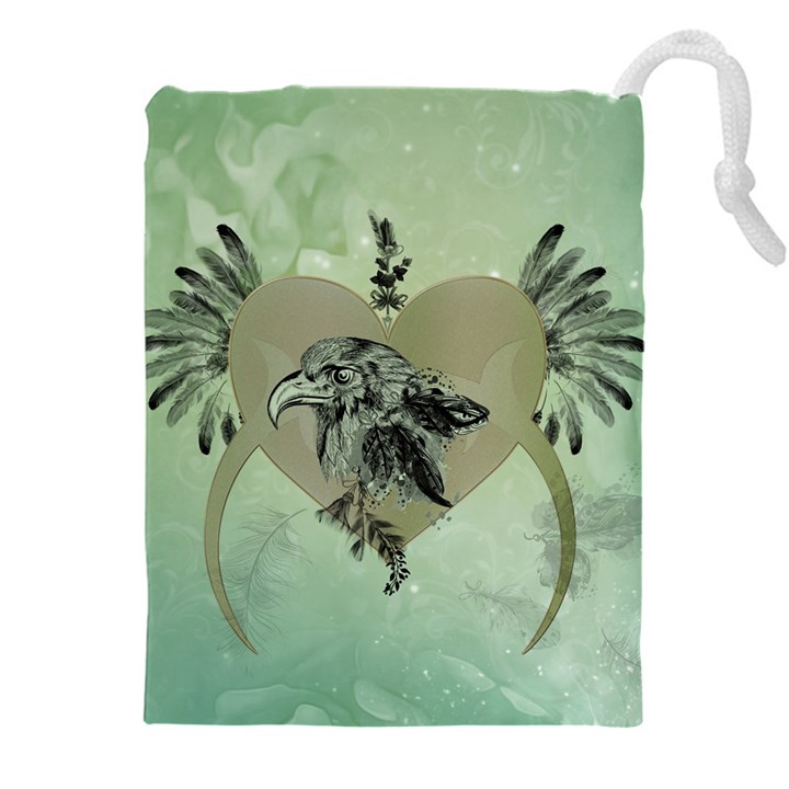 Eagle, Animal, Bird, Feathers, Fantasy, Lineart, Flowers, Blossom, Elegance, Decorative Drawstring Pouch (5XL)