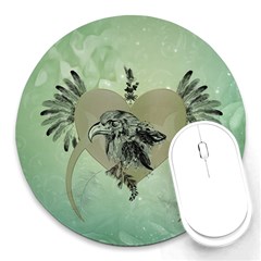 Eagle, Animal, Bird, Feathers, Fantasy, Lineart, Flowers, Blossom, Elegance, Decorative Round Mousepads by FantasyWorld7