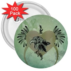 Eagle, Animal, Bird, Feathers, Fantasy, Lineart, Flowers, Blossom, Elegance, Decorative 3  Buttons (100 Pack) 