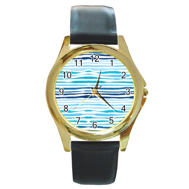 BLUE WAVES PATTERN Round Gold Metal Watch