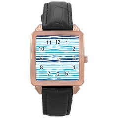 Blue Waves Pattern Rose Gold Leather Watch  by designsbymallika