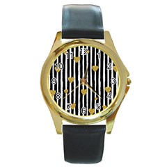 Stripes Heart Pattern Round Gold Metal Watch by designsbymallika