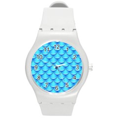 Blue Scale Pattern Round Plastic Sport Watch (m) by designsbymallika