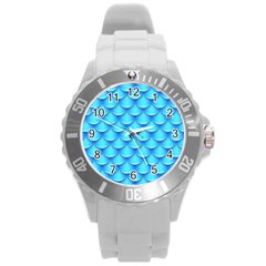 Blue Scale Pattern Round Plastic Sport Watch (l) by designsbymallika