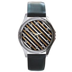 Metallic Stripes Pattern Round Metal Watch by designsbymallika