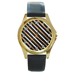 Metallic Stripes Pattern Round Gold Metal Watch by designsbymallika