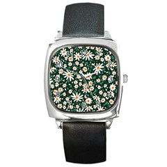 White Floral Pattern Square Metal Watch by designsbymallika