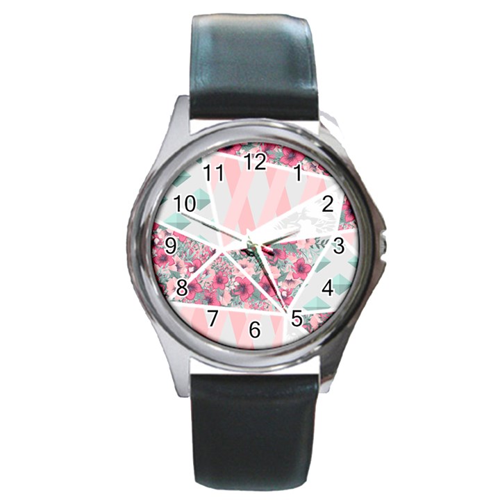 pink patchwork Round Metal Watch