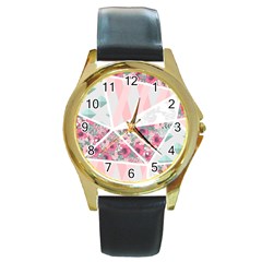 Pink Patchwork Round Gold Metal Watch by designsbymallika