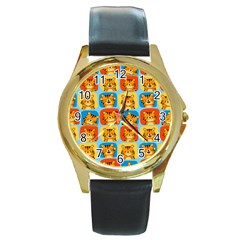 Cute Tiger Pattern Round Gold Metal Watch by designsbymallika