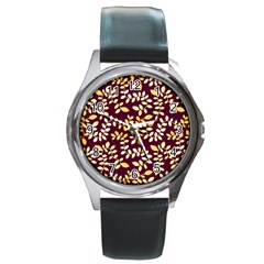 Golden Leaf Pattern Round Metal Watch by designsbymallika