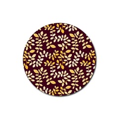 Golden Leaf Pattern Rubber Coaster (round)  by designsbymallika