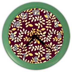 Golden Leaf Pattern Color Wall Clock by designsbymallika